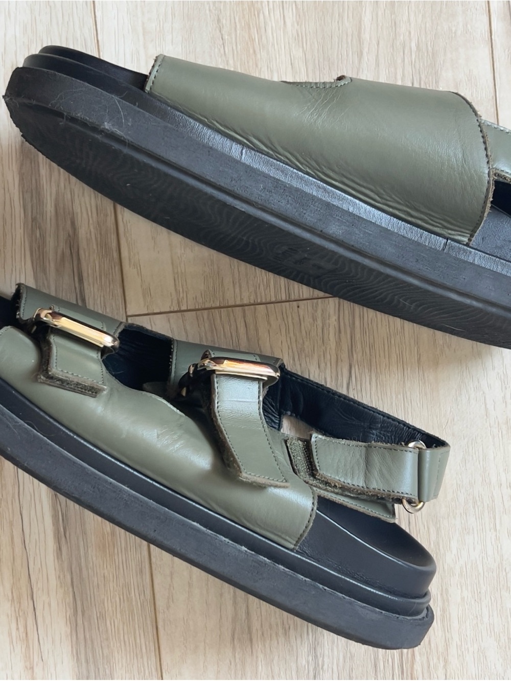 ALOHAS Olive Green Leather Double-Buckle Sandals with Gold Hardware - Picture 2 of 4